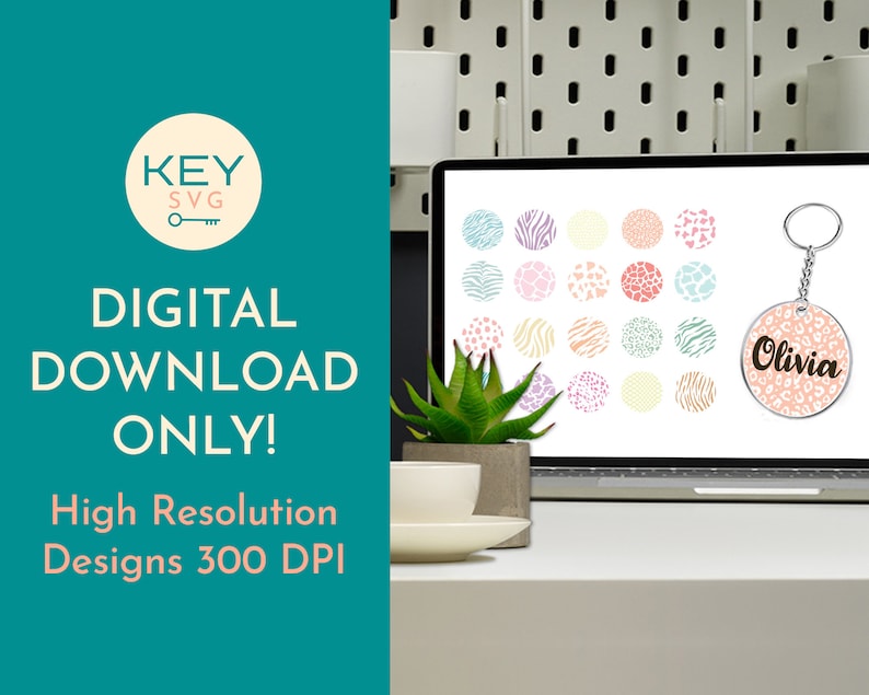 May include: A digital download of a keychain design featuring a variety of animal print patterns in pink, orange, and blue. The keychain is a circle with the name "Olivia" written in brown text.