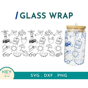 Envoltórios de vidro para viagem, 16oz / 20oz, PNG, tamanho pré-definido, Copo térmico Libbey Traveler, Design de envoltório de lata para viagem, Avião SVG, Volta ao mundo