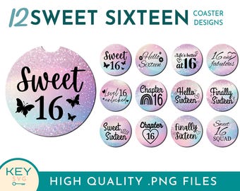 Dessous de verre voiture Sweet 16 Png, Designs de sublimation de sous-bocks Sweet Sixteen Png, Boucle d'oreille ronde Png, Modèle de sous-bock de sublimation, Sous-verre de café Png