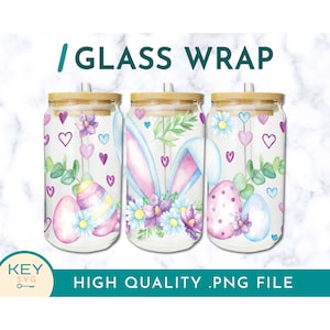 May include: Three glass jars with lids and straws, decorated with Easter-themed designs. The designs include bunny ears, hearts, flowers, and Easter eggs. The jars are perfect for holding drinks or other beverages.