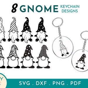 May include: Eight black and white gnome illustrations for keychain designs. The gnomes have different patterns on their hats, including stars, stripes and polka dots.  SVG, DXF, PNG, PDF.