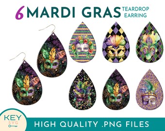 Mardi Gras Teardrop Png, Mardi Gras Mask Earrings, Mardi Gras Png Earring Designs, Teardrop Earring Png, Sublimation Earring Bundle Png