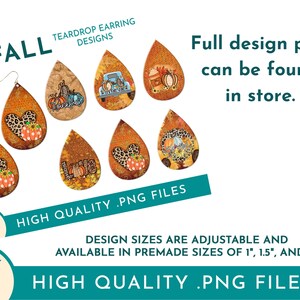 May include: Six teardrop-shaped earring designs featuring fall-themed patterns. The designs include a heart with a pumpkin, a truck with pumpkins, a pumpkin with a heart, a pumpkin with a house, a pumpkin with a heart, and a pumpkin with a house. The designs are available in high-quality PNG files and are adjustable in sizes of 1 inch, 1.5 inches, and 2 inches.