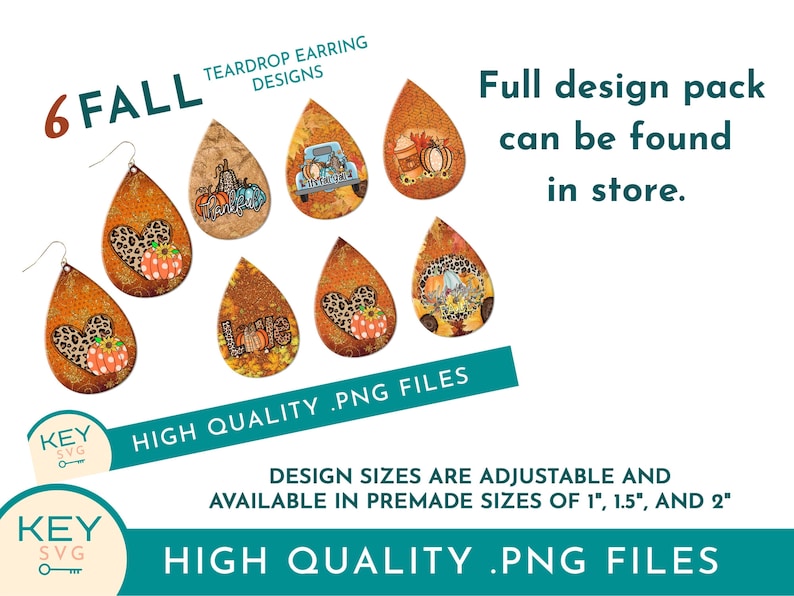 May include: Six teardrop-shaped earring designs featuring fall-themed patterns. The designs include a heart with a pumpkin, a truck with pumpkins, a pumpkin with a heart, a pumpkin with a house, a pumpkin with a heart, and a pumpkin with a house. The designs are available in high-quality PNG files and are adjustable in sizes of 1 inch, 1.5 inches, and 2 inches.