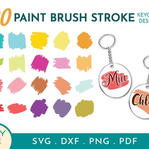 May include: Twenty colourful paint brush stroke designs for keychains. The designs are in various colours, including teal, yellow, pink, orange, and purple. The text "Mia" and "Chloe" are on two keychains.