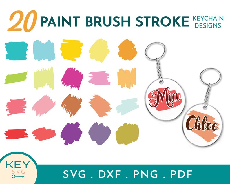 May include: Twenty colourful paint brush stroke designs for keychains. The designs are in various colours, including teal, yellow, pink, orange, and purple. The text "Mia" and "Chloe" are on two keychains.