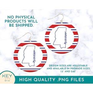 Mississippi State Round Earring Png, Sublimation Earrings, Round Earring Png, Earring Template, Mississippi 4th of July, Red White Blue