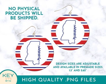 Mississippi State Round Earring Png, Sublimation Earrings, Round Earring Png, Earring Template, Mississippi 4th of July, Red White Blue