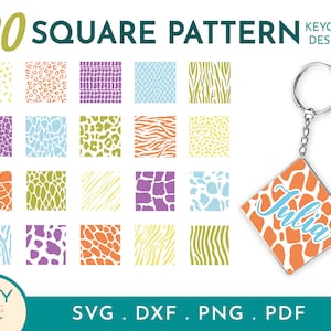 May include: Twenty square patterns with different animal print designs, including giraffe, leopard, zebra, and snake. The patterns are in various colors, including orange, yellow, blue, green, and purple. The image also includes a keychain with a diamond-shaped tag featuring a giraffe print and the name "Julia" written in blue.