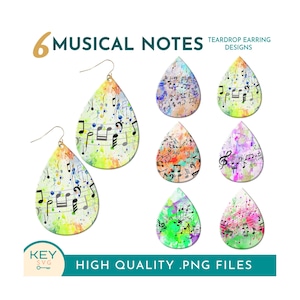 Kleurrijke muzieknoot sublimatie Teardrop oorbellen Png, muzikale oorbellen Png, muziekleraar cadeau, sublimatie oorbelbundel, concertoorbel