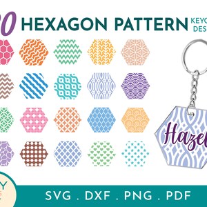 May include: Twenty hexagon pattern designs for keychains. The designs include geometric patterns in various colours, such as orange, blue, green, pink, and brown. The image also shows a keychain with a hexagon charm that says "Hazel" in purple text.
