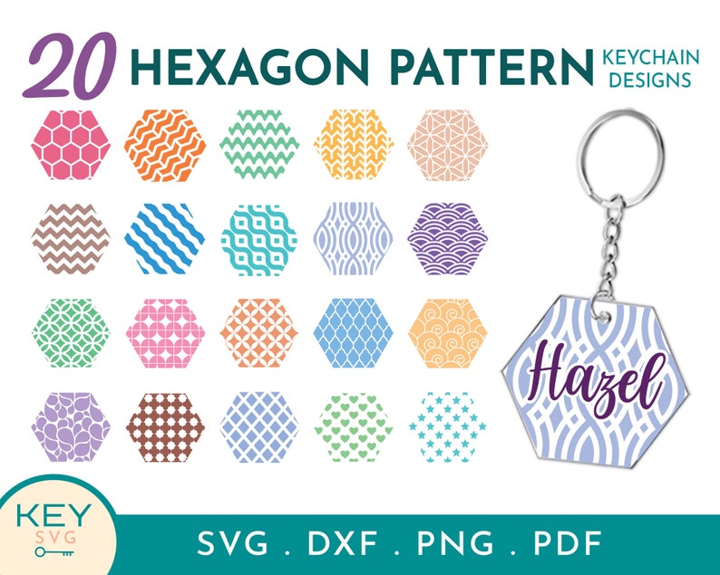 May include: Twenty hexagon pattern designs for keychains. The designs include geometric patterns in various colours, such as orange, blue, green, pink, and brown. The image also shows a keychain with a hexagon charm that says "Hazel" in purple text.