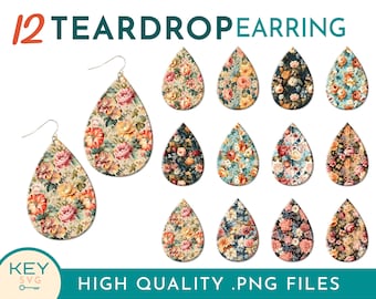 Vintage Boho Teardrop Earrings, Flower Earrings, Boho Style Teardrop Earring Png, Dangle Earrings, Sublimation Earring Designs, Boho Jewelry