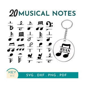 Notas musicales divididas SVG, monograma nota musical svg, regalo de profesor de música, paquete de sublimación de notas musicales, nota musical png, paquete de llaveros svg