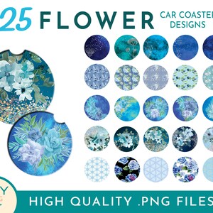 May include: 25 blue and white flower car coaster designs. The designs feature various floral patterns, including roses, anemones, and abstract floral designs. The coasters are round and have a white background with blue accents.