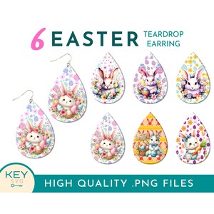 Puede incluir: Seis pendientes de gota de agua con temática de Pascua con conejos, huevos y flores. Los pendientes están diseñados para manualidades y son archivos PNG de alta calidad.