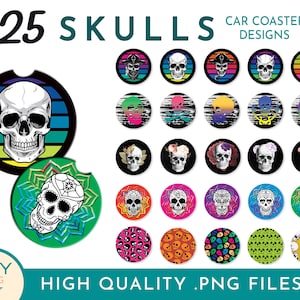 Könnte beinhalten: Ein Set mit 25 digitalen Designs für Auto-Untersetzer mit verschiedenen Totenkopfmotiven. Die Designs beinhalten farbenfrohe Totenköpfe mit Blumen, Streifen und Mustern. Der Text "25 SKULLS CAR COASTER DESIGNS" befindet sich oben im Bild. Der Text "HIGH QUALITY .PNG FILES" befindet sich unten im Bild.