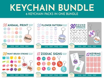 May include: A digital download bundle of 6 keychain packs with 20 animal print, 20 flower pattern, 30 round wreath, 20 paint brush stroke, 12 zodiac signs, and 12 keyring display cards designs. Each pack includes SVG, DXF, PNG, and PDF files.