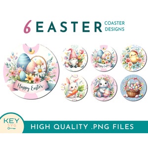 May include: Six Easter-themed coaster designs featuring a variety of images, including a bunny holding an egg, a chick in a nest, a gnome with a basket of eggs, and a basket of Easter eggs. The coasters are round and have a pink background with white flowers and green leaves.
