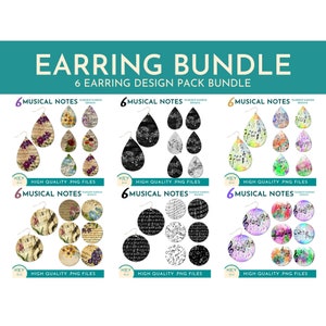 May include: A set of six digital earring designs featuring musical notes in various styles. The designs include teardrop and circle shapes with different color palettes and patterns. The designs are labeled "Musical Notes" and are high-quality PNG files.