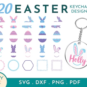 May include: Twenty Easter-themed keychain designs featuring bunny ears, eggs, and frames. The designs are in pink, blue, and purple with white outlines. The text "Holly" is on one of the keychains.