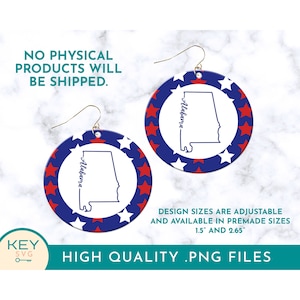 Alabama State Round Earring Png, Sublimation Earring Design, Round Earring Png, Earring Template, Alabama 4th of July Png, Red White Blue