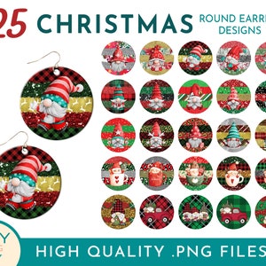 Png per orecchini rotondi con gnomo di Natale, disegni di sublimazione natalizia, Png per ornamenti di Natale, Png per orecchini di Natale, Png per gioielli di Natale