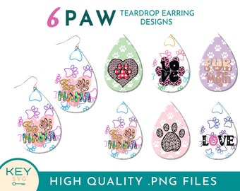Könnte beinhalten: Sechs tropfenförmige Ohrringdesigns mit Pfotenabdrücken, Herzen und Text. Die Designs beinhalten "Fur Mama", "Love", "Fur Mom" und Pfotenabdrücke. Die Ohrringe befinden sich auf einem weißen Hintergrund.