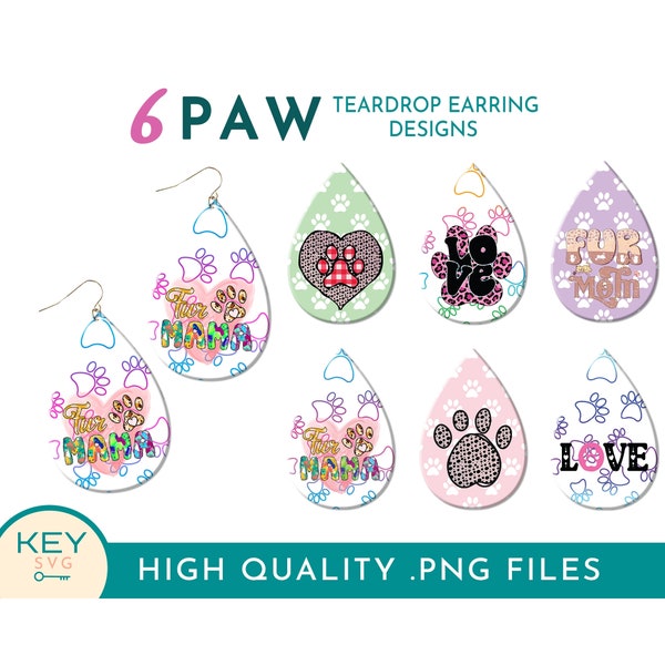 Fur Mom Teardrop Sublimation Earring Png, Dog Mom Paw Print Png, Cat Lover Sublimation, Fur Mama Sublimation Earrings Png, Earring Template