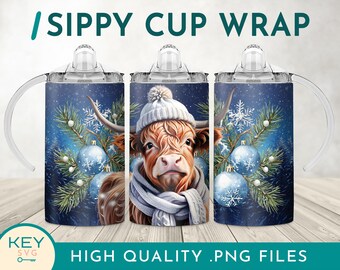 Blue Highland Cow Winter Sippy Cup Png, Christmas Kids 12oz Tumbler Wrap, Cow Sippy Cup Sublimation Designs, Highland Cow Png