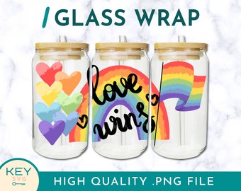 Love Wins Rainbow Flag Pride Libbey Glass Can Wraps 16oz / 20oz Png Presized, Pride Hearts Sublimation Designs Coffee Cup Png, Hearts Png