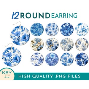 Peut inclure: Douze designs ronds de boucles d'oreilles à motifs floraux bleus et blancs. Les motifs présentent divers motifs floraux bleus et blancs. Le texte "12 ROUND EARRING" est en haut de l'image. Le texte "HIGH QUALITY .PNG FILES" est en bas de l'image.