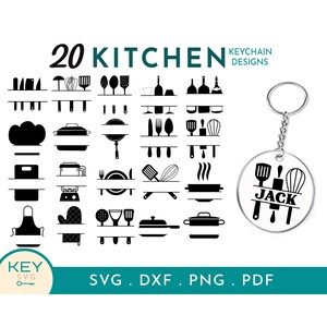 May include: A set of 20 black and white kitchen-themed SVG files for creating personalised keychains. The designs include various kitchen utensils, cookware, and appliances. The text "20 KITCHEN KEYCHAIN DESIGNS" is at the top of the image. The text "SVG. DXF. PNG. PDF" is at the bottom of the image.
