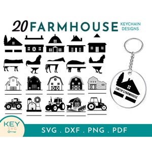 Può includere: Un set di 20 file di taglio SVG in bianco e nero in stile farmhouse, tra cui un fienile, una casa, una mucca, un cavallo, una gallina, un camion, un silo e una fattoria con il testo "Smith's Farmhouse". I file sono disponibili nei formati SVG, DXF, PNG e PDF.