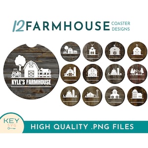 May include: Twelve farmhouse-themed coaster designs featuring a variety of barn and farmhouse illustrations on a woodgrain background. The designs include a barn with a silo, a barn with a windmill, a barn with a tree, and a barn with a tractor. The text "KYLE'S FARMHOUSE" is included on one of the coasters.