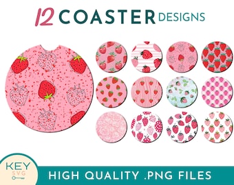 Strawberry Car Coaster Png, Strawberry Coasters, Strawberry Keychain, Strawberry Round Earring Png,  Sublimation Coaster Designs
