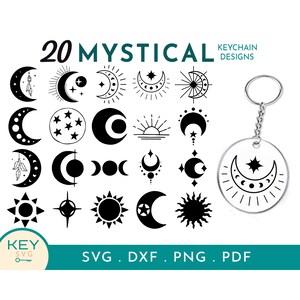 Op de afbeelding: Een set van 20 mystieke maan- en zonontwerpen voor sleutelhangers. De ontwerpen omvatten halve manen, volle manen, sterren, zonnen en andere hemelse symbolen. De ontwerpen zijn zwart-wit en perfect voor het maken van unieke en gepersonaliseerde sleutelhangers.