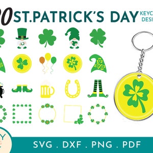 May include: A set of 20 St. Patrick's Day SVG cut files for creating keychains. The designs include shamrocks, leprechauns, hats, beer mugs, horseshoes, and more. The designs are in green, yellow, and black.