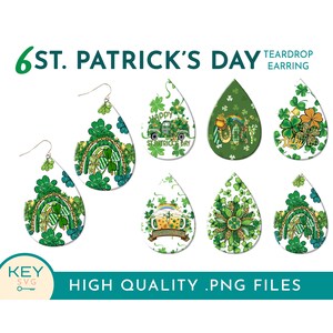 May include: Six teardrop-shaped earring designs featuring St. Patrick's Day themes. The designs include a rainbow, shamrocks, a truck with the text "Happy St. Patrick's Day", a beer mug, a clover, and the word "Lucky".
