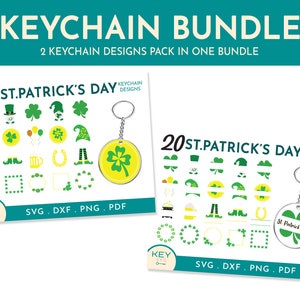 May include: A digital download bundle of 20 St. Patrick's Day keychain designs. The designs include shamrocks, leprechauns, hats, and other St. Patrick's Day themed elements. The designs are available in SVG, DXF, PNG, and PDF formats.