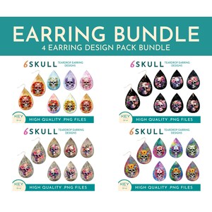 May include: A digital download bundle of six teardrop earring designs featuring colorful skull illustrations with floral accents. The designs are labeled "6 SKULL TEARDROP EARRING DESIGNS" and "HIGH QUALITY .PNG FILES".