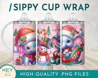 Pink Baby Christmas Elephant Sippy Cup Png, Kids 12oz Tumbler Wrap, Elephant Tumbler, Sippy Cup Sublimation Designs, Baby Elephant Png