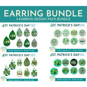 May include: A digital download bundle of four St. Patrick's Day earring designs. The designs feature green shamrocks, rainbows, leprechauns, and other Irish symbols. The earrings are available in both teardrop and round shapes.