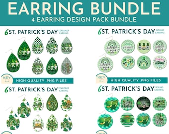 May include: A digital download bundle of four St. Patrick's Day earring designs. The designs feature green shamrocks, rainbows, leprechauns, and other Irish symbols. The earrings are available in both teardrop and round shapes.