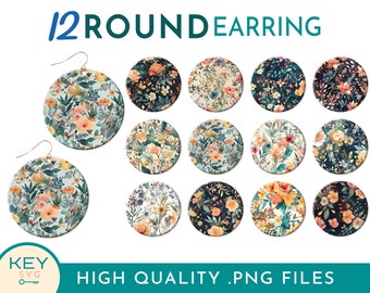 Bloemrijke Boho stijl ronde oorbellen PNG, bloem oorbellen, vintage oorbellen, auto Coaster PNG bungelen oorbellen, sublimatie oorbel ontwerpen