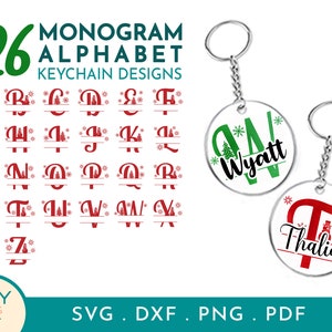 May include: A digital design sheet with 26 monogram alphabet keychain designs. The designs feature a red letter with a split line and a Christmas tree with snowflakes on either side. The sheet also includes two examples of the designs with the names Wyatt and Thalia.