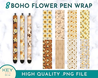 Boho bloemrijke pen wraps png, schattige bloem bladwijzer png, boho sublimatie ontwerpen, bladwijzerset, digitale ontwerpen
