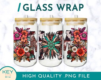 Western Mom Tumbler Wrap, Mothers Day Tumbler Png, Sublimation Glass Can Wraps 16oz / 20oz Png Presized, Purple Flower Tumbler
