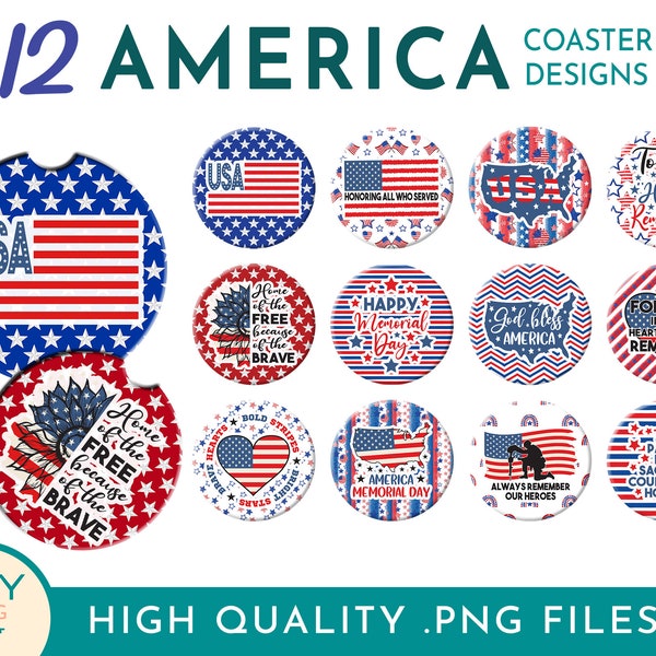 Memorial Day Car Coaster Sublimation Designs, 4th of July Drink Coaster Png, Coffee Coaster Png, Red White Blue Png, Round Patriotic Png