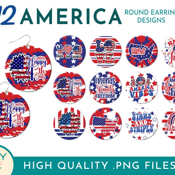 Patriotic Round Sublimation Earring Png, USA Png, 4th of July Png, Memorial Day Png, Sublimation Earring Designs, Red White Blue Png